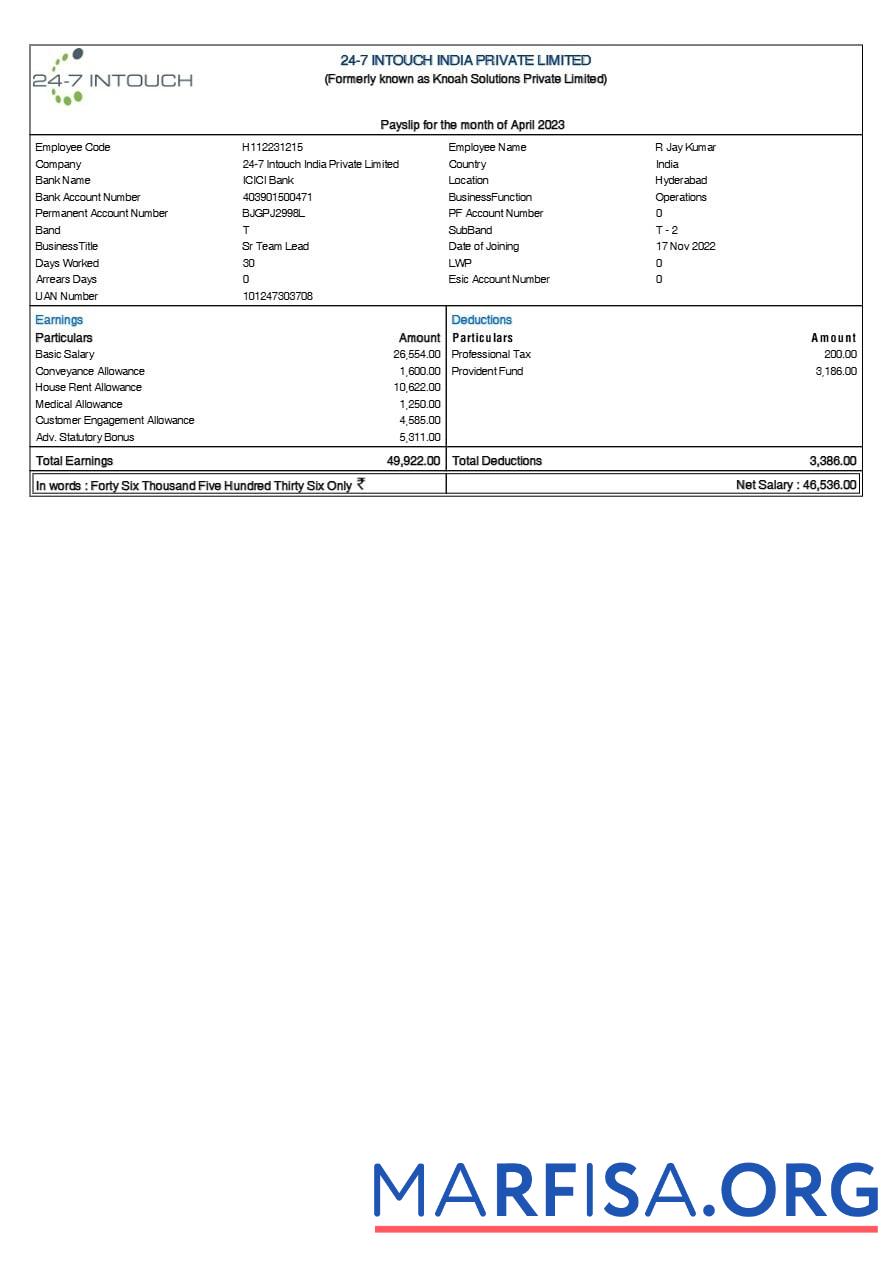 Printable 24 7 Intouch India payslip download for verification